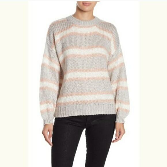 Lush NEW Blouson Sleeve Knit Sweater Size Large Striped Oversized gray pink - Picture 1 of 8